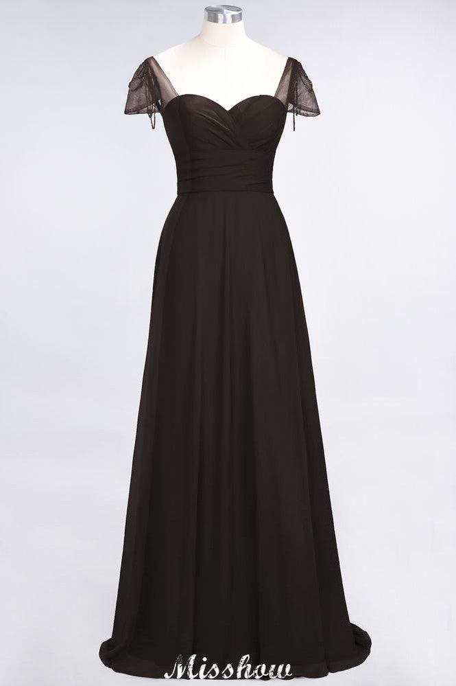 Sweetheart Cap-Sleeves Ruffle Floor-Length Bridesmaid Dress with Beadings Moher if the Bride Dresses