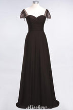 Sweetheart Cap-Sleeves Ruffle Floor-Length Bridesmaid Dress with Beadings Moher if the Bride Dresses