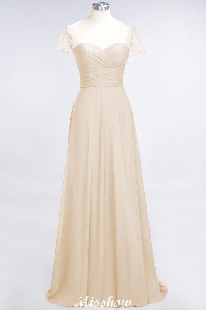 Sweetheart Cap-Sleeves Ruffle Floor-Length Bridesmaid Dress with Beadings Moher if the Bride Dresses