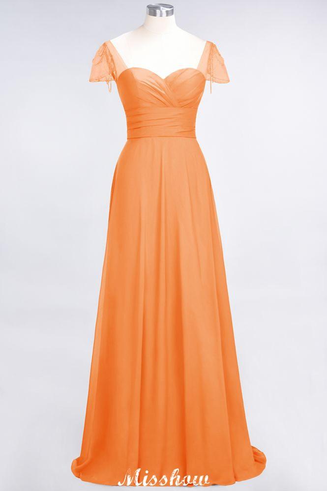 Sweetheart Cap-Sleeves Ruffle Floor-Length Bridesmaid Dress with Beadings Moher if the Bride Dresses