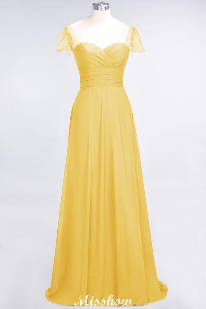 Sweetheart Cap-Sleeves Ruffle Floor-Length Bridesmaid Dress with Beadings Moher if the Bride Dresses