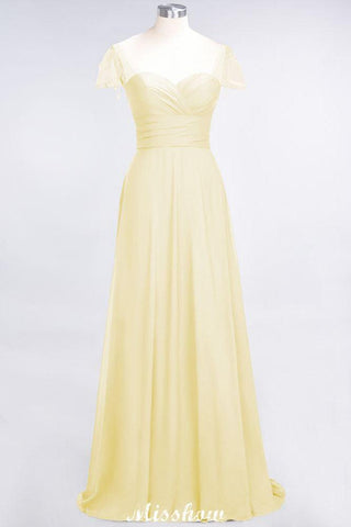 Bodenlanges Brautjungfernkleid mit Herzausschnitt, Flügelärmeln, Rüschen und Perlenbesatz – Moher if the Bride Dresses