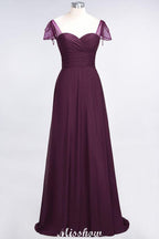 Sweetheart Cap-Sleeves Ruffle Floor-Length Bridesmaid Dress with Beadings Moher if the Bride Dresses