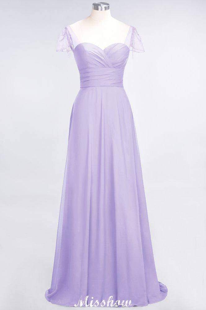 Sweetheart Cap-Sleeves Ruffle Floor-Length Bridesmaid Dress with Beadings Moher if the Bride Dresses
