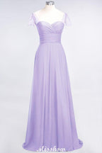 Sweetheart Cap-Sleeves Ruffle Floor-Length Bridesmaid Dress with Beadings Moher if the Bride Dresses