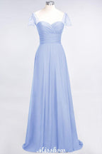 Sweetheart Cap-Sleeves Ruffle Floor-Length Bridesmaid Dress with Beadings Moher if the Bride Dresses