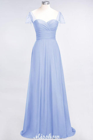 Bodenlanges Brautjungfernkleid mit Herzausschnitt, Flügelärmeln, Rüschen und Perlenbesatz – Moher if the Bride Dresses