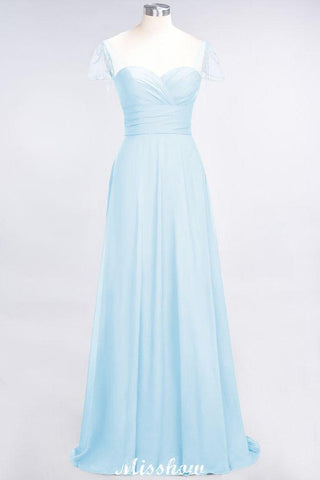Bodenlanges Brautjungfernkleid mit Herzausschnitt, Flügelärmeln, Rüschen und Perlenbesatz – Moher if the Bride Dresses