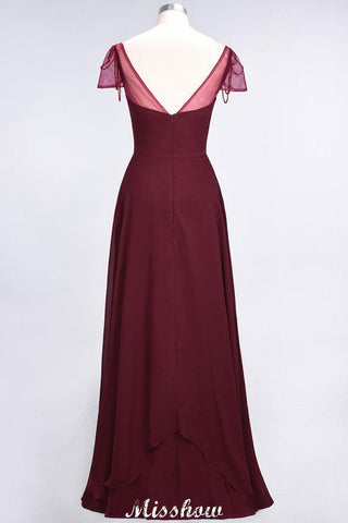 Bodenlanges Brautjungfernkleid mit Herzausschnitt, Flügelärmeln, Rüschen und Perlenbesatz – Moher if the Bride Dresses