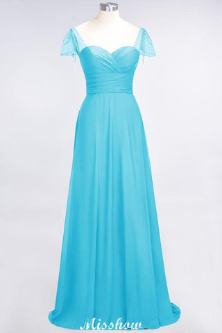 Bodenlanges Brautjungfernkleid mit Herzausschnitt, Flügelärmeln, Rüschen und Perlenbesatz – Moher if the Bride Dresses