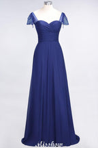 Sweetheart Cap-Sleeves Ruffle Floor-Length Bridesmaid Dress with Beadings Moher if the Bride Dresses