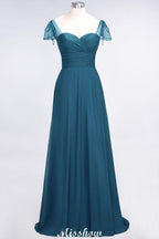 Sweetheart Cap-Sleeves Ruffle Floor-Length Bridesmaid Dress with Beadings Moher if the Bride Dresses