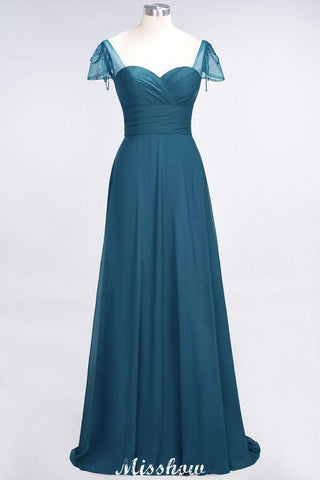 Bodenlanges Brautjungfernkleid mit Herzausschnitt, Flügelärmeln, Rüschen und Perlenbesatz – Moher if the Bride Dresses