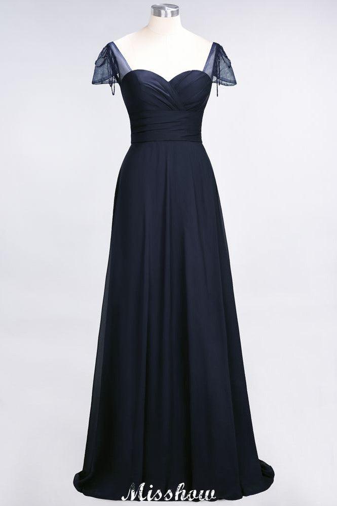Sweetheart Cap-Sleeves Ruffle Floor-Length Bridesmaid Dress with Beadings Moher if the Bride Dresses