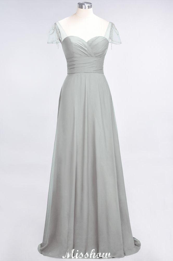 Sweetheart Cap-Sleeves Ruffle Floor-Length Bridesmaid Dress with Beadings Moher if the Bride Dresses