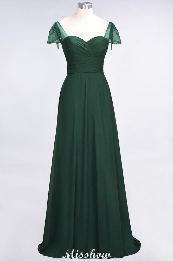 Sweetheart Cap-Sleeves Ruffle Floor-Length Bridesmaid Dress with Beadings Moher if the Bride Dresses