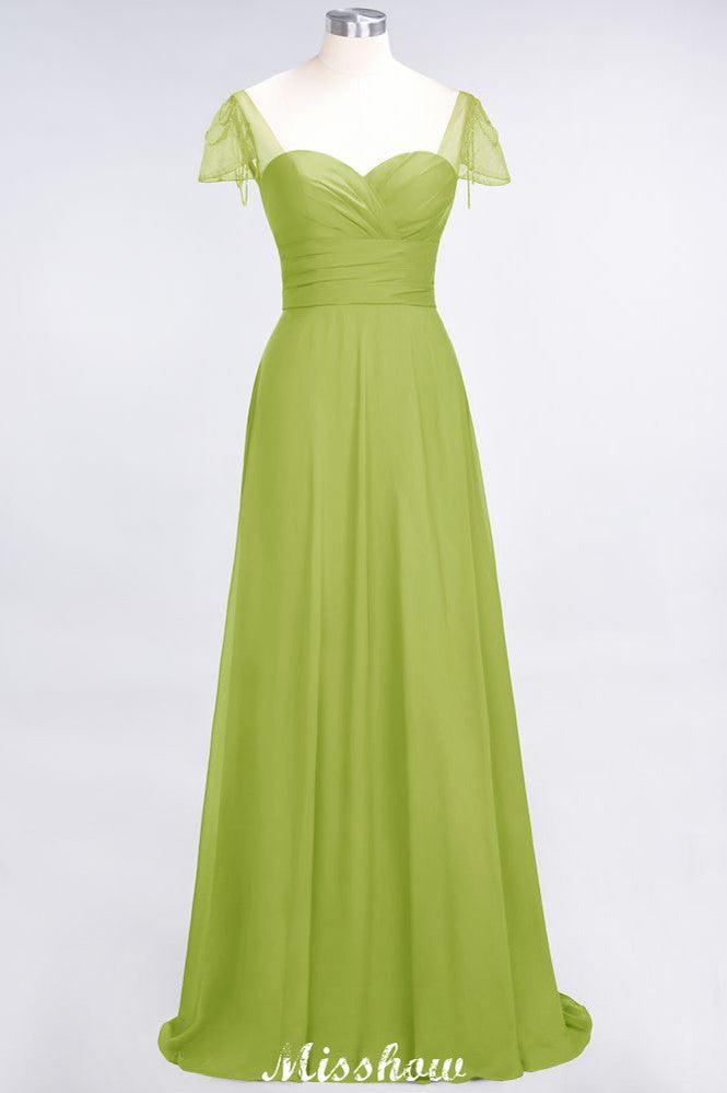 Sweetheart Cap-Sleeves Ruffle Floor-Length Bridesmaid Dress with Beadings Moher if the Bride Dresses