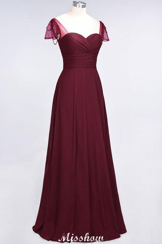 Bodenlanges Brautjungfernkleid mit Herzausschnitt, Flügelärmeln, Rüschen und Perlenbesatz – Moher if the Bride Dresses