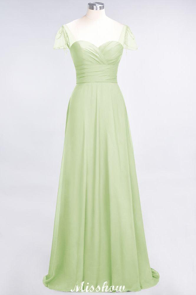 Sweetheart Cap-Sleeves Ruffle Floor-Length Bridesmaid Dress with Beadings Moher if the Bride Dresses