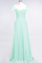 Sweetheart Cap-Sleeves Ruffle Floor-Length Bridesmaid Dress with Beadings Moher if the Bride Dresses