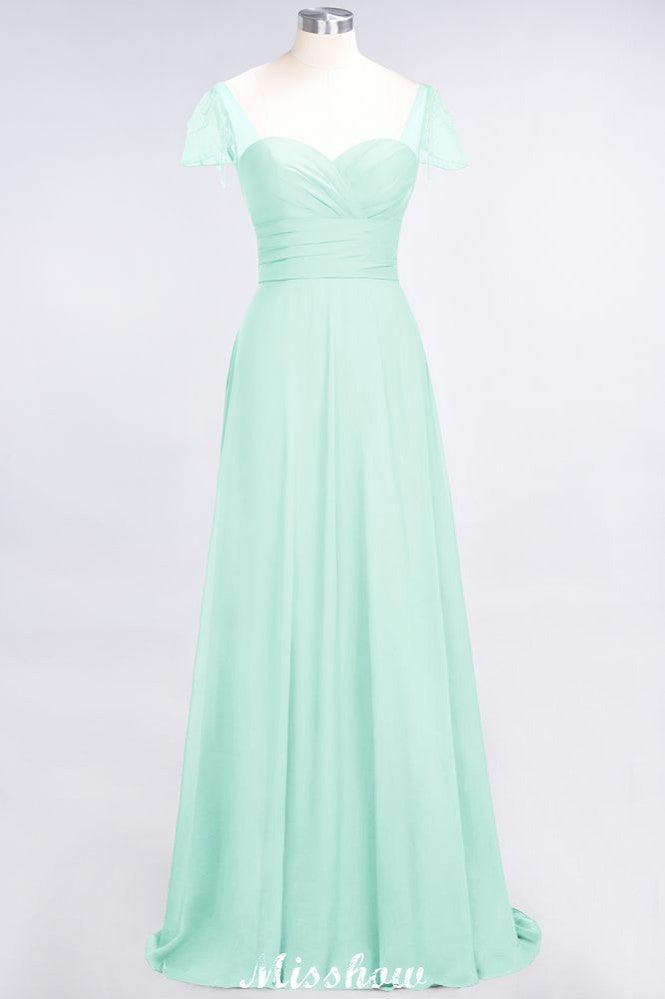 Sweetheart Cap-Sleeves Ruffle Floor-Length Bridesmaid Dress with Beadings Moher if the Bride Dresses