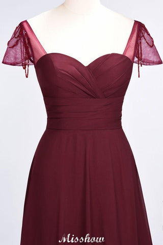 Bodenlanges Brautjungfernkleid mit Herzausschnitt, Flügelärmeln, Rüschen und Perlenbesatz – Moher if the Bride Dresses