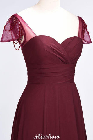 Bodenlanges Brautjungfernkleid mit Herzausschnitt, Flügelärmeln, Rüschen und Perlenbesatz – Moher if the Bride Dresses
