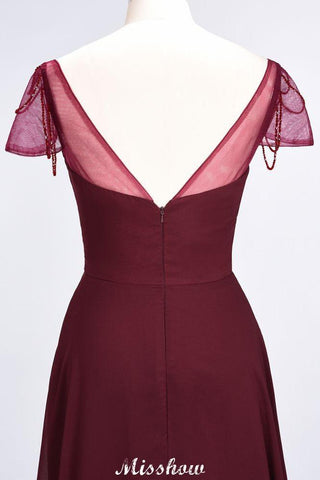 Bodenlanges Brautjungfernkleid mit Herzausschnitt, Flügelärmeln, Rüschen und Perlenbesatz – Moher if the Bride Dresses