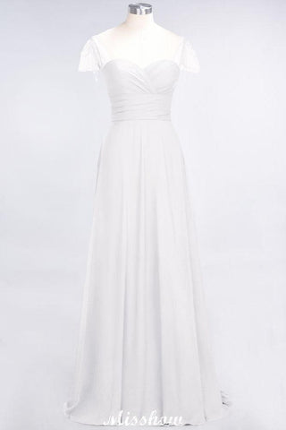 Bodenlanges Brautjungfernkleid mit Herzausschnitt, Flügelärmeln, Rüschen und Perlenbesatz – Moher if the Bride Dresses