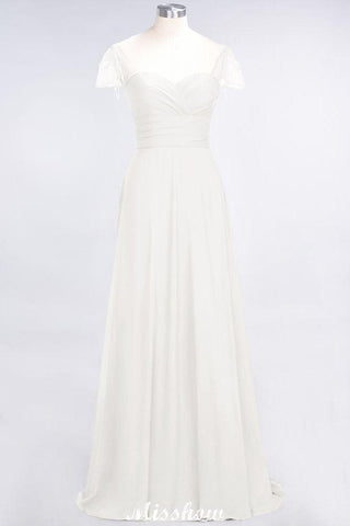 Bodenlanges Brautjungfernkleid mit Herzausschnitt, Flügelärmeln, Rüschen und Perlenbesatz – Moher if the Bride Dresses