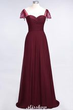 Sweetheart Cap-Sleeves Ruffle Floor-Length Bridesmaid Dress with Beadings Moher if the Bride Dresses