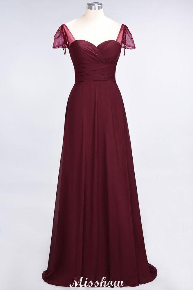 Sweetheart Cap-Sleeves Ruffle Floor-Length Bridesmaid Dress with Beadings Moher if the Bride Dresses