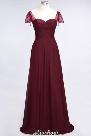 Bodenlanges Brautjungfernkleid mit Herzausschnitt, Flügelärmeln, Rüschen und Perlenbesatz – Moher if the Bride Dresses