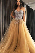 Champagner Tüll-Abschlussball-Abendkleid mit Herzausschnitt und Perlenbesatz PSK179