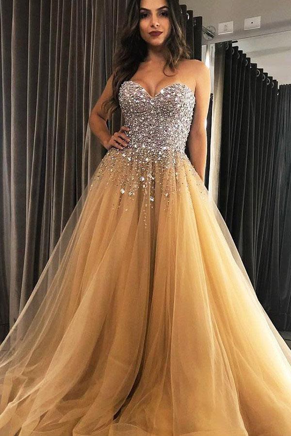 Vestidos de festa de finalistas com cauda longa e tule champanhe com missangas PSK179