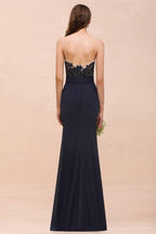 Sweetheart Floral Mermaid Bridesmaid Dress Sleeveless Navy Formal Party Dress