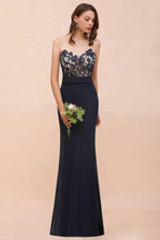 Sweetheart Floral Mermaid Bridesmaid Dress Sleeveless Navy Formal Party Dress