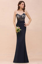 Sweetheart Floral Mermaid Bridesmaid Dress Sleeveless Navy Formal Party Dress
