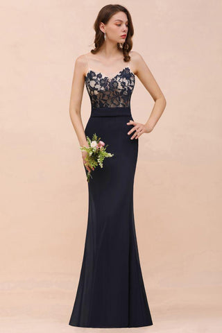 Meerjungfrau-Brautjungfernkleid mit Herzausschnitt und Blumenmuster, ärmellos, Marineblau, formelles Partykleid