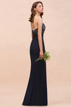 Sweetheart Floral Mermaid Bridesmaid Dress Sleeveless Navy Formal Party Dress