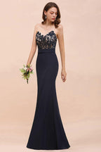 Sweetheart Floral Mermaid Bridesmaid Dress Sleeveless Navy Formal Party Dress
