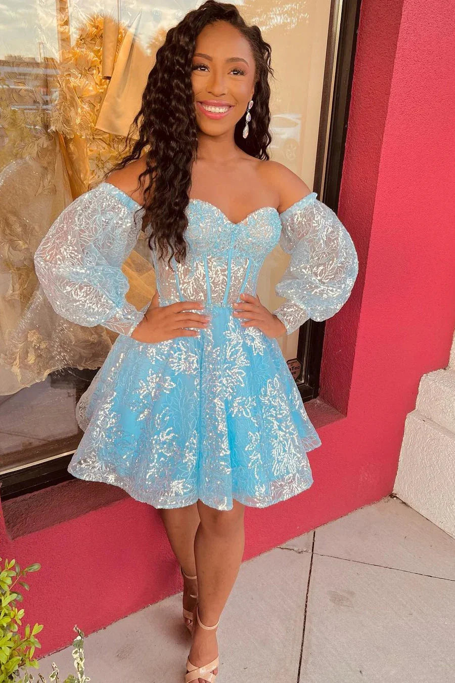 Vestido de Baile de Novata de Manga Larga con Lentejuelas y Encaje