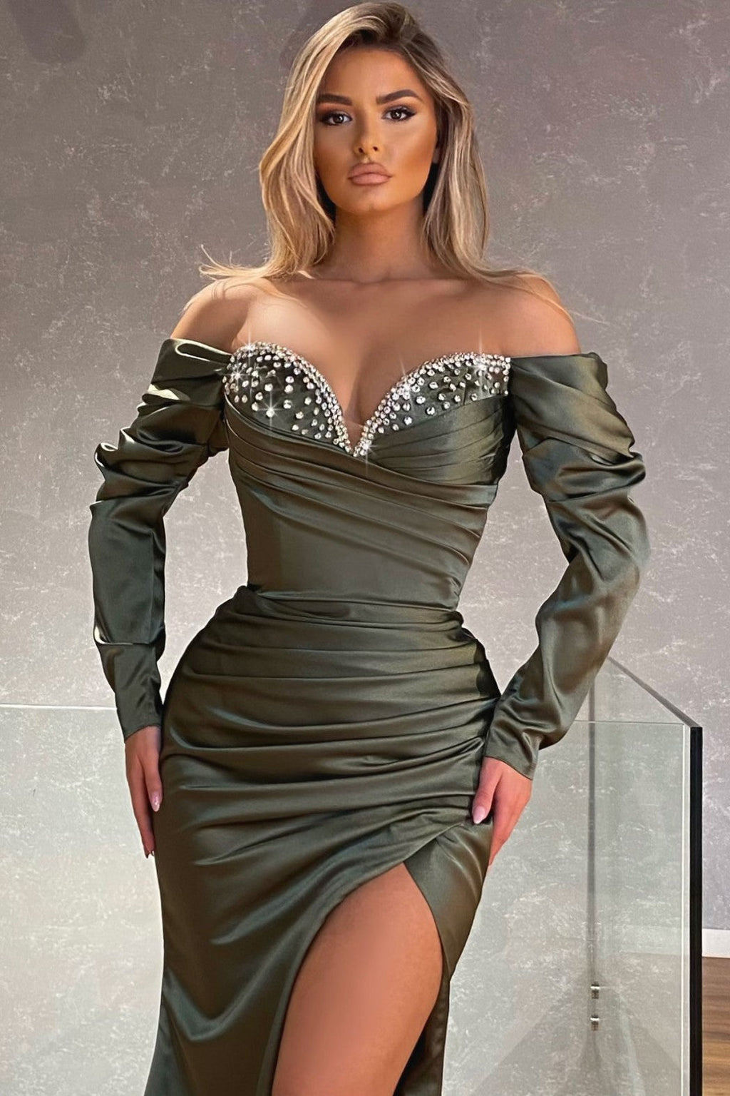 Sweetheart Long Sleeves Satin Front Slit Mermaid Prom Dress with Beadings