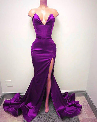 Long Satin Sweetheart Mermaid Formal Prom Dress with Slit