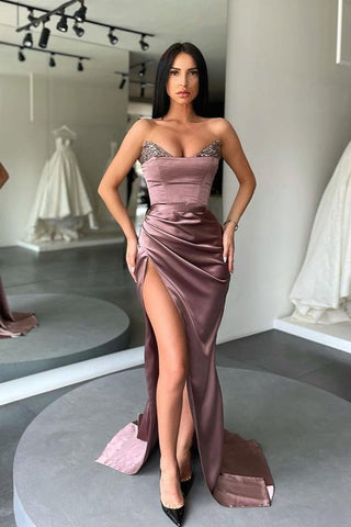 Long Sweetheart Mermaid Satin Evening Prom Dress with Slit