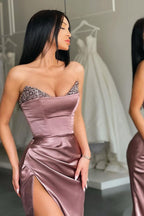 Long Sweetheart Mermaid Satin Evening Prom Dress with Slit