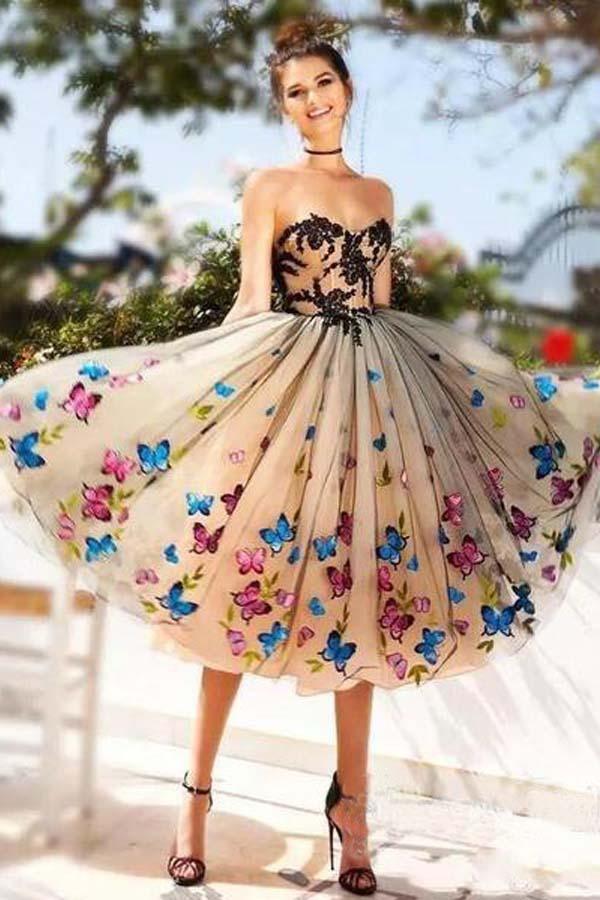 Vestidos de Baile de Finalistas Curtos Decote Coração Linha A Borboletas PD409