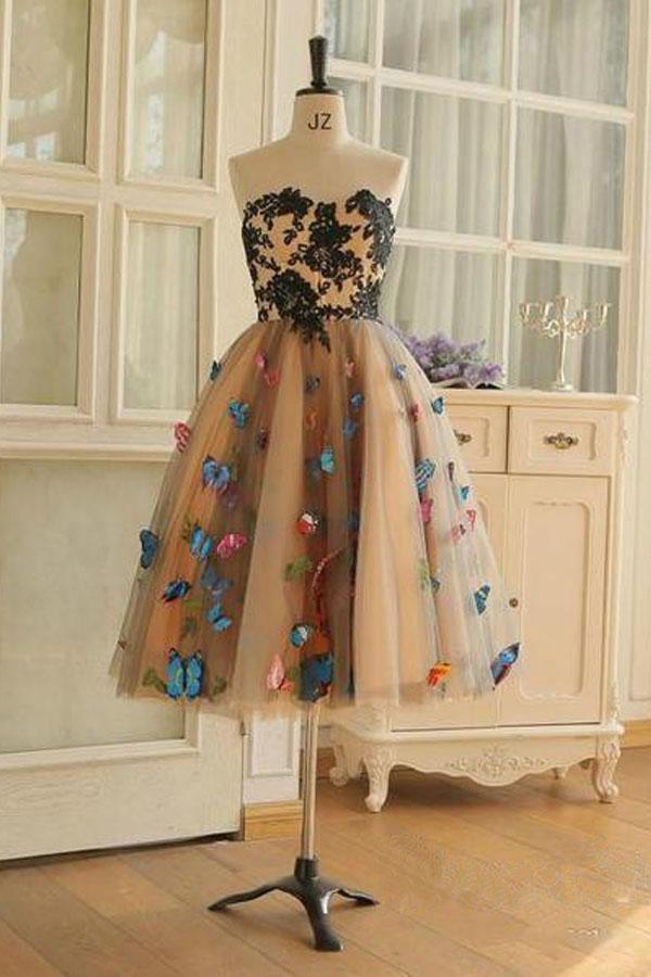 Vestidos de Baile de Finalistas Curtos Decote Coração Linha A Borboletas PD409
