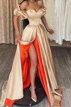 Langes, schulterfreies Satin-A-Linien-Ballkleid mit Herzausschnitt und Schlitz