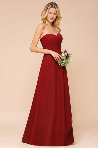Herzausschnitt Rotes Brautjungfernkleid Chiffon Bodenlang Hochzeitsgastkleid rückenfrei